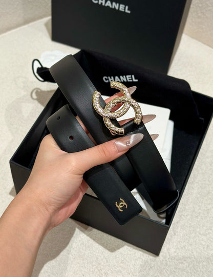 DOUBLE C BELT 30MM IN BLACK CALFSKIN WITH GOLD HARDWARE AND CARO STITCHING