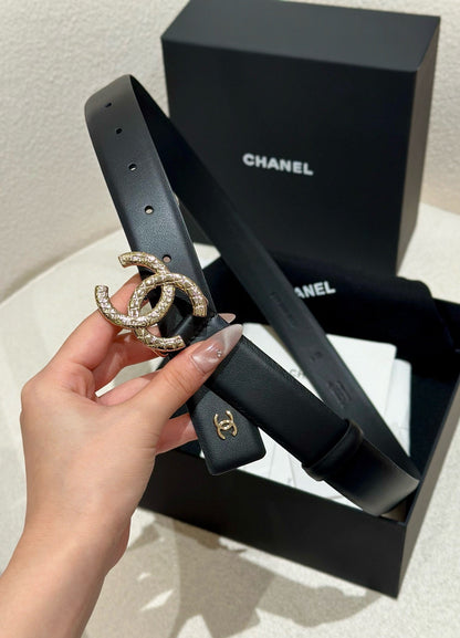 DOUBLE C BELT 30MM IN BLACK CALFSKIN WITH GOLD HARDWARE AND CARO STITCHING