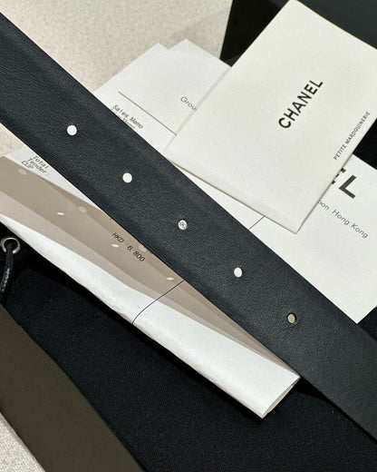 DOUBLE C BELT 30MM IN BLACK CALFSKIN WITH GOLD HARDWARE AND CARO STITCHING