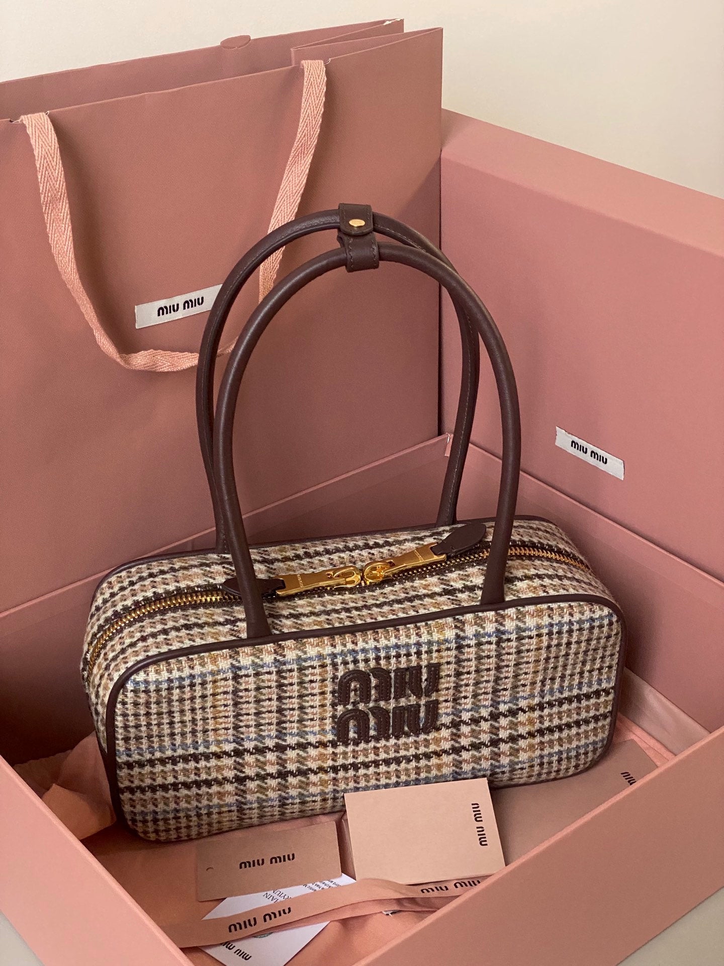 BEAU TOP HANDLE BAG 27 IN BEIGE TARTAN AND COCOA BROWN LEATHER TRIM