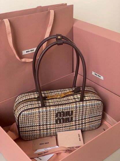 BEAU TOP HANDLE BAG 27 IN BEIGE TARTAN AND COCOA BROWN LEATHER TRIM