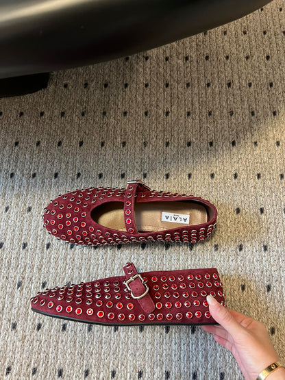 STRASS BALLET FLATS IN BERRY RED LAMBSKIN