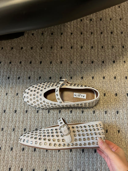 STRASS BALLET FLATS IN WHITE LAMBSKIN