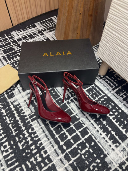 SLINGBACK HEEL 10 CM IN BERRY RED PATENT CALFSKIN