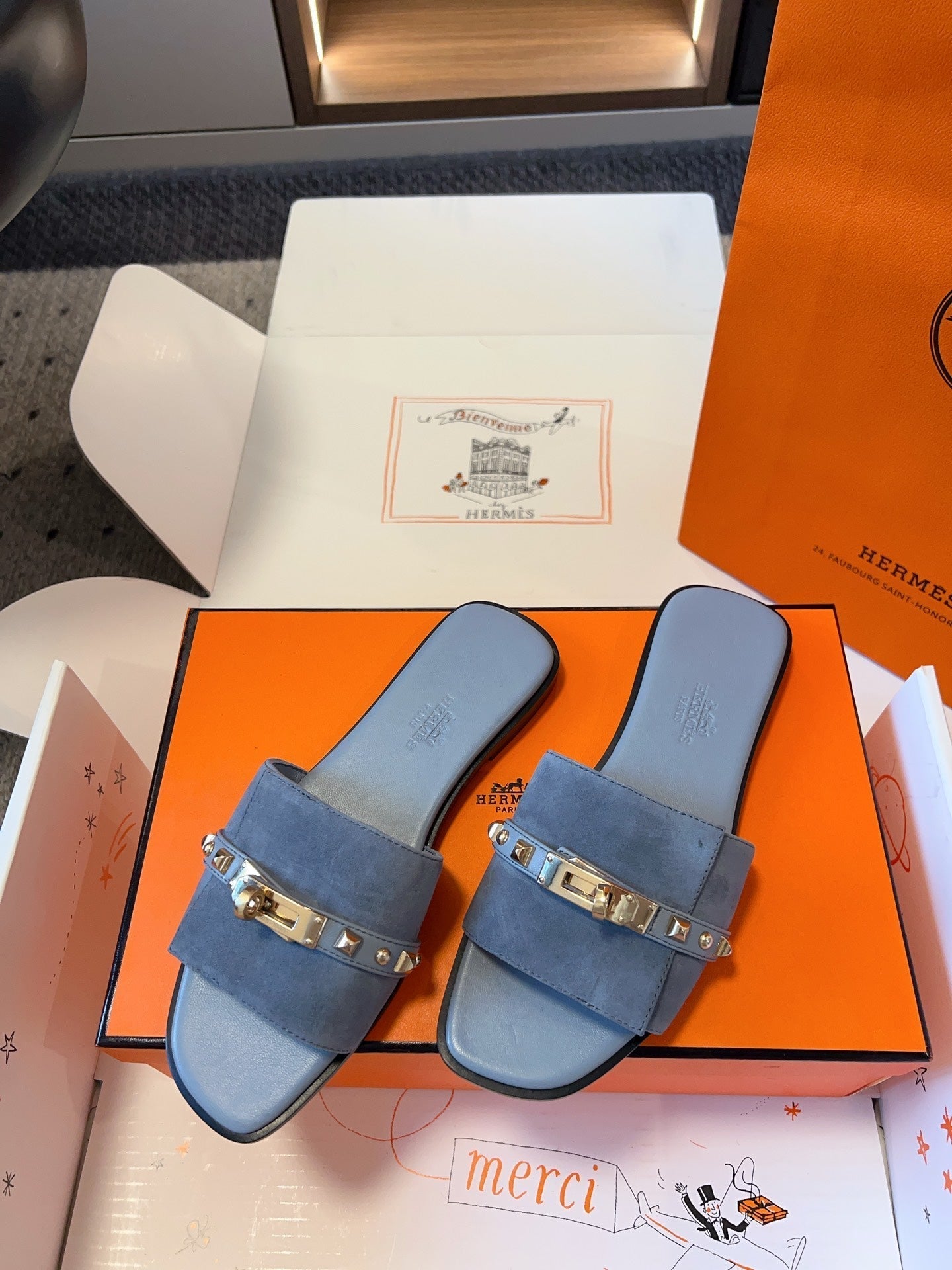 GIULIA FLAT SANDAL IN CERULEAN BLUE SUEDE