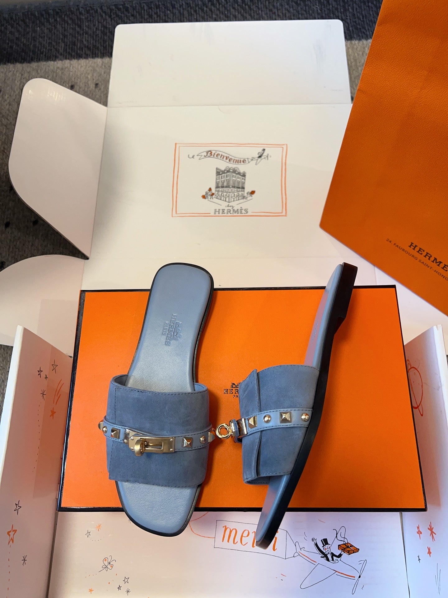 GIULIA FLAT SANDAL IN CERULEAN BLUE SUEDE