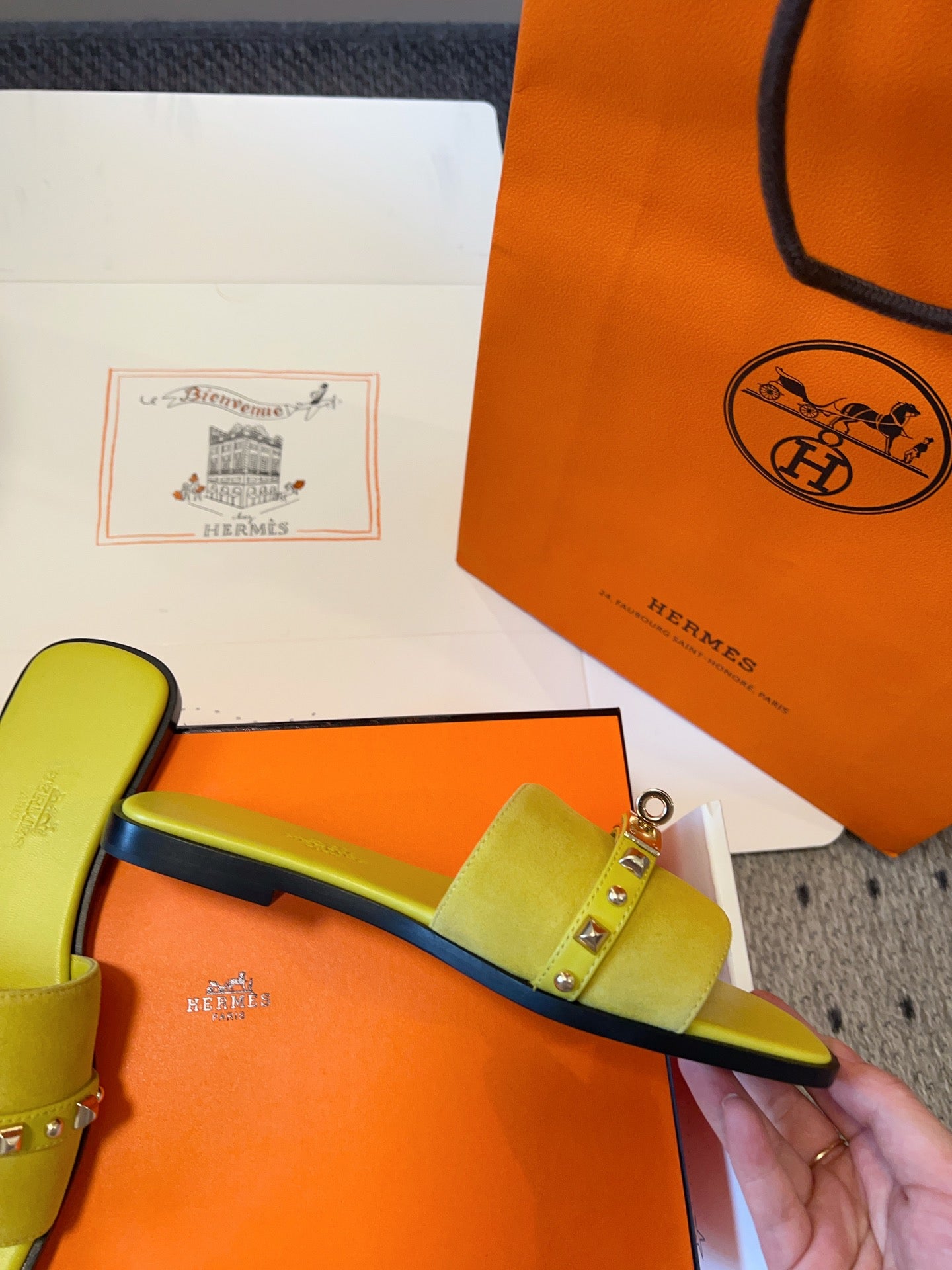 GIULIA FLAT SANDAL IN NEON YELLOW SUEDE