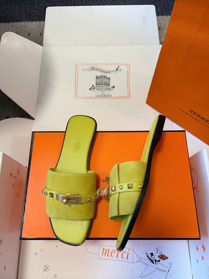 GIULIA FLAT SANDAL IN NEON YELLOW SUEDE
