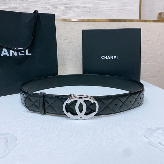 DOUBLE C BELT 38MM IN BLACK QUILTED LAMBSKIN WITH SILVER OVAL BUCKLE AND CENTERED LOGO