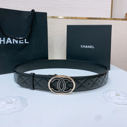 DOUBLE C BELT 38MM IN BLACK QUILTED LAMBSKIN GOLD OVAL BUCKLE CENTERED BLACK LOGO