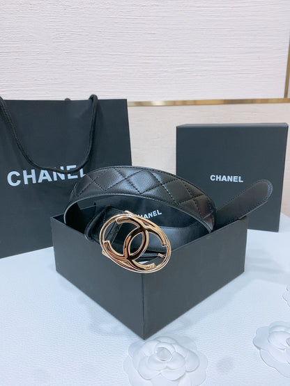 DOUBLE C BELT 38MM IN BLACK QUILTED LAMBSKIN WITH GOLD OVAL BUCKLE CENTERED LOGO