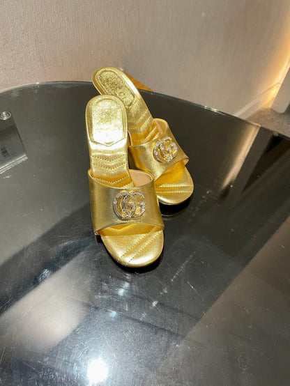 GG HIGH HEELS 70 IN SHINY GOLD LAMBSKIN GOLD HARDWARE WITH CRYSTALS