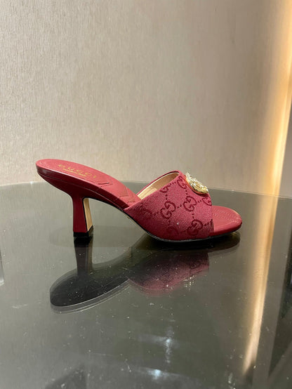 GG HIGH HEELS 70 IN RED LAMBSKIN AND FABRIC GOLD HARDWARE WITH CRYSTALS