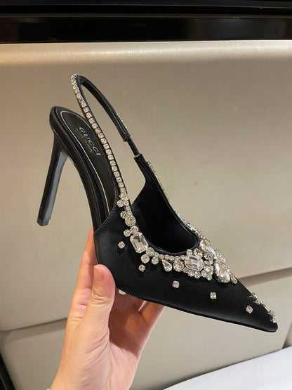 GG HIGH SLINGBACK 105 IN BLACK SATIN WITH CRYSTAL DIAMONDS