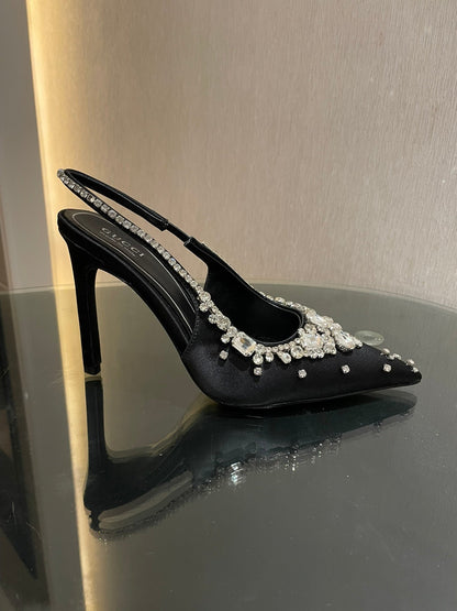 GG HIGH SLINGBACK 105 IN BLACK SATIN WITH CRYSTAL DIAMONDS