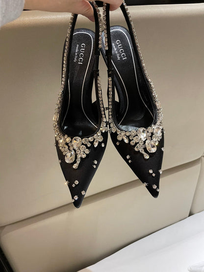 GG HIGH SLINGBACK 105 IN BLACK SATIN WITH CRYSTAL DIAMONDS
