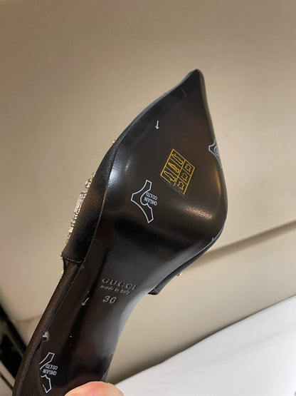 GG HIGH SLINGBACK 105 IN BLACK SATIN WITH CRYSTAL DIAMONDS