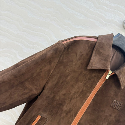 Women’s Miu Miu Style Suede Zip-Up Jacket with Point Collar