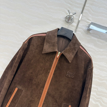 Women’s Miu Miu Style Suede Zip-Up Jacket with Point Collar