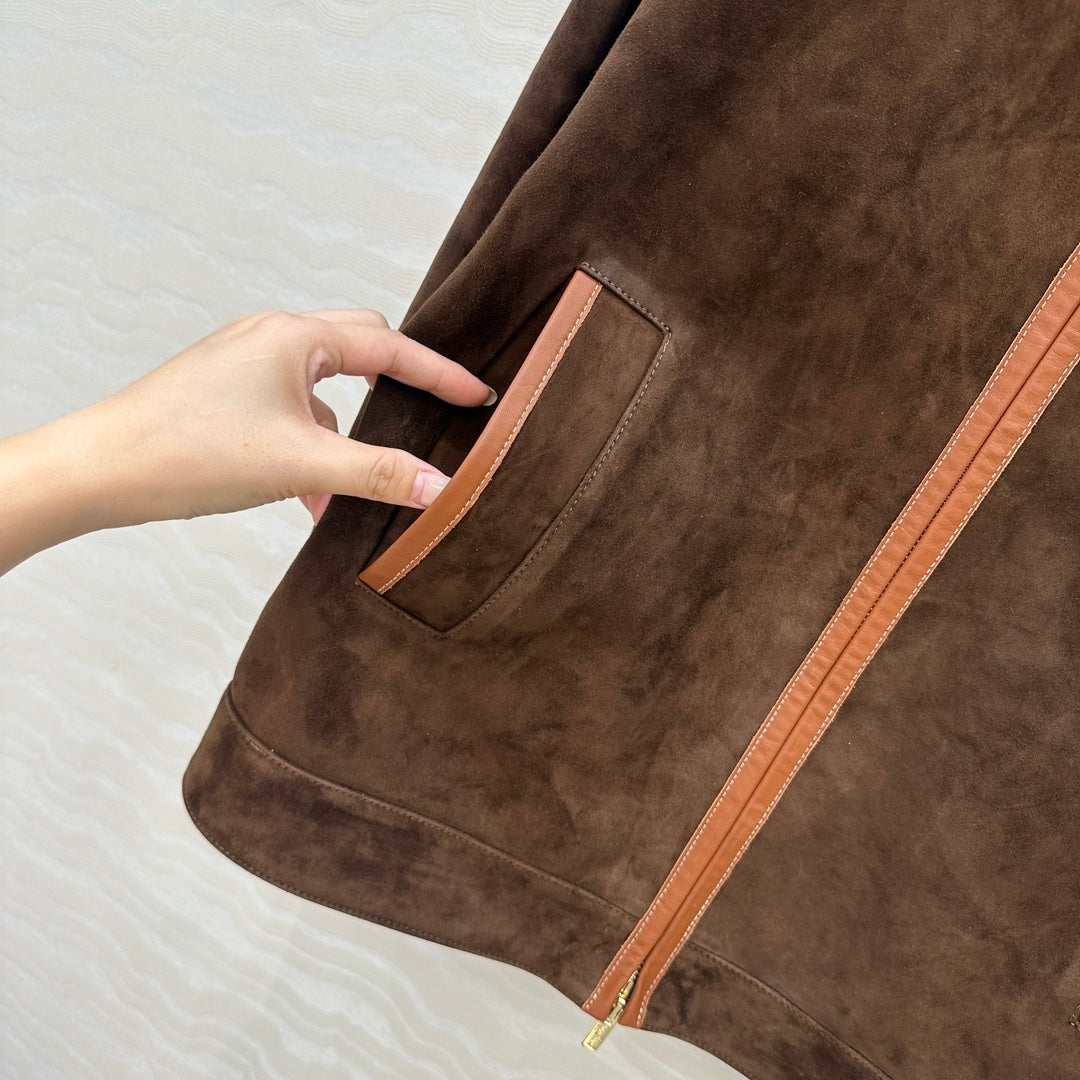 Women’s Miu Miu Style Suede Zip-Up Jacket with Point Collar