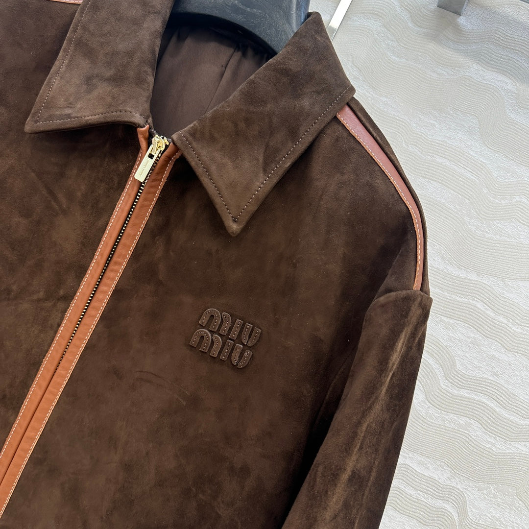 Women’s Miu Miu Style Suede Zip-Up Jacket with Point Collar