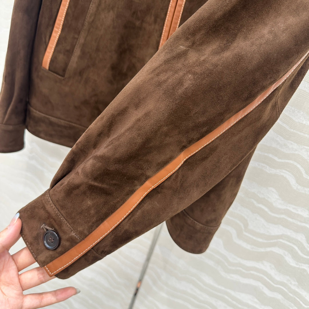 Women’s Miu Miu Style Suede Zip-Up Jacket with Point Collar