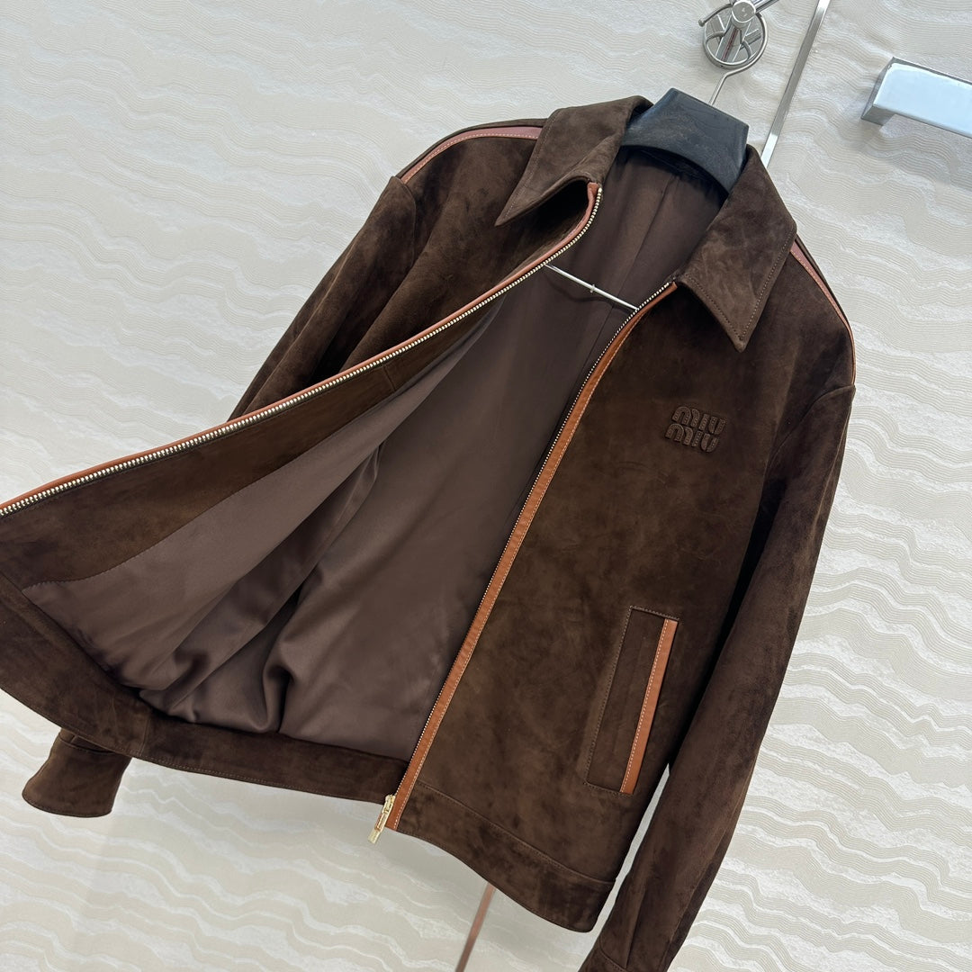 Women’s Miu Miu Style Suede Zip-Up Jacket with Point Collar