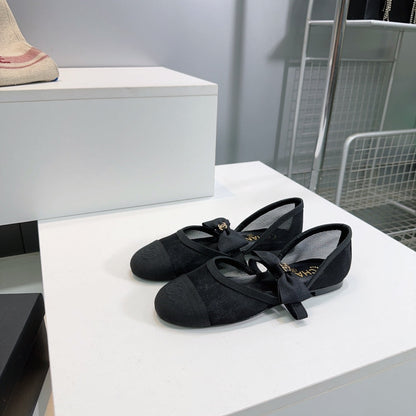 CHANEL FLAT MARY JANE SHOES 25S IN BLACK MESH FABRIC EMBOSSED LOGO WITH BOW