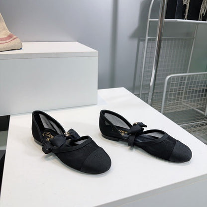 CHANEL FLAT MARY JANE SHOES 25S IN BLACK MESH FABRIC EMBOSSED LOGO WITH BOW