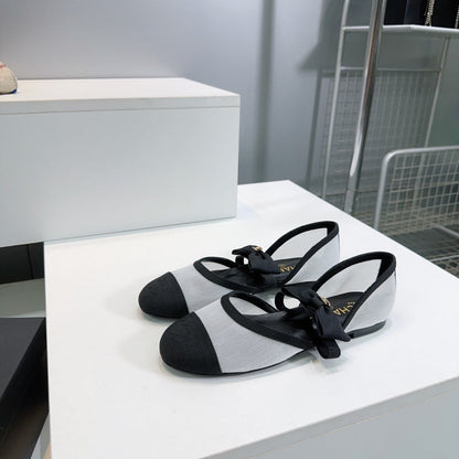 CHANEL FLAT MARY JANE SHOES 25S IN WHITE MIX BLACK MESH FABRIC EMBOSSED LOGO WITH BOW