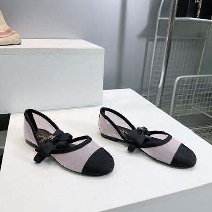 CHANEL FLAT MARY JANE SHOES 25S IN LIGHT PURPLE MIX BLACK MESH FABRIC EMBOSSED LOGO WITH BOW