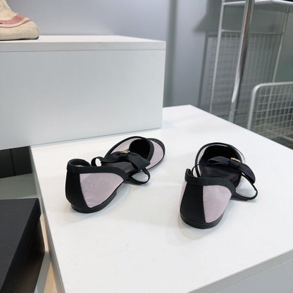 CHANEL FLAT MARY JANE SHOES 25S IN LIGHT PURPLE MIX BLACK MESH FABRIC EMBOSSED LOGO WITH BOW