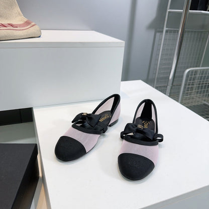 CHANEL FLAT MARY JANE SHOES 25S IN LIGHT PURPLE MIX BLACK MESH FABRIC EMBOSSED LOGO WITH BOW