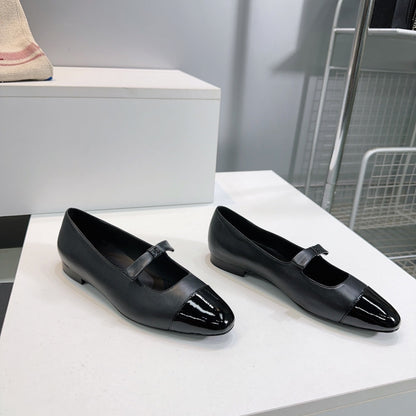 CHANEL FLAT MARY JANE SHOES 25S IN BLACK GLOSSY LAMBSKIN WITH BOW