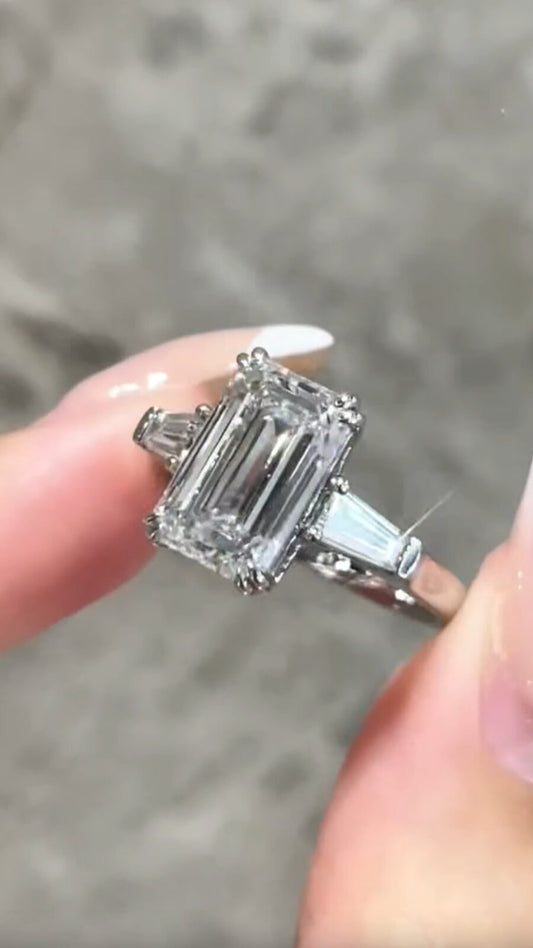 3.37ct Lab-Grown Emerald Cut Diamond Ring in Platinum – Three-Stone Design, DE VS Clarity, IGI Certified