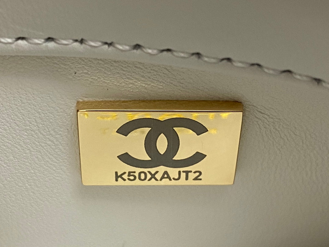 Chanel Style Mini Trendy Flap Bag with Top Handle 20cm White Lambskin Gold Hardware – Style214