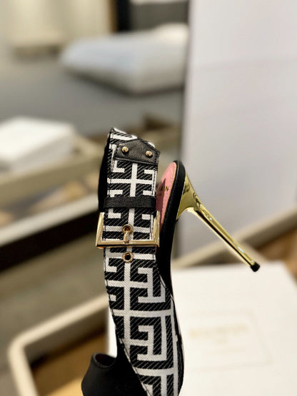 RUBY SANDALS IN BLACK CALFSKIN AND PB LABYRINTH CANVAS