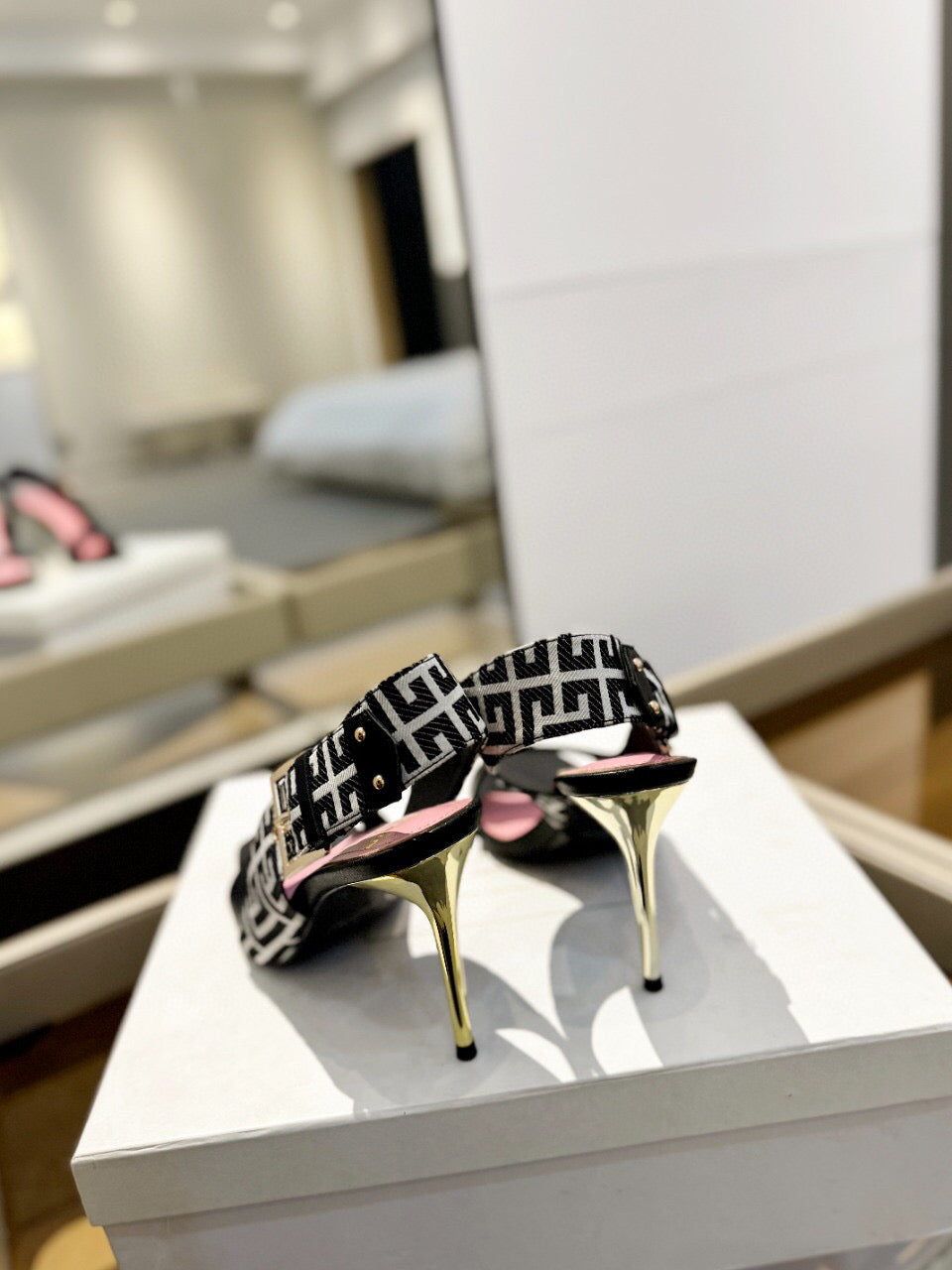 RUBY SANDALS IN BLACK CALFSKIN AND PB LABYRINTH CANVAS