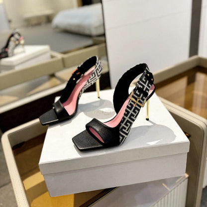 RUBY SANDALS IN BLACK CALFSKIN AND PB LABYRINTH CANVAS