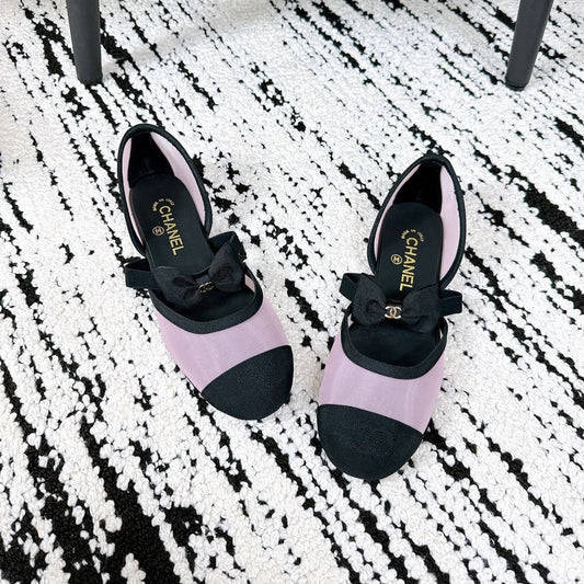 CC BOW BALLET FLATS IN PINK AND BLACK FABRIC