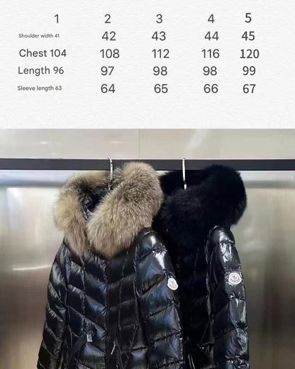 Women's Moncler-Style Hooded Shiny Quilted Long Puffer Coat with Thick Fur Trim – Style 271