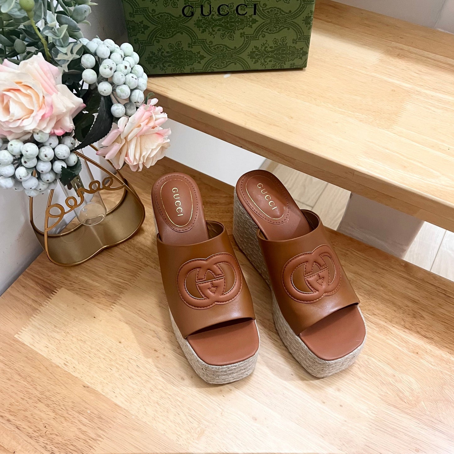 HIGH 10CM WEDGE SANDALS IN RUSSET BROWN SHEEPSKIN