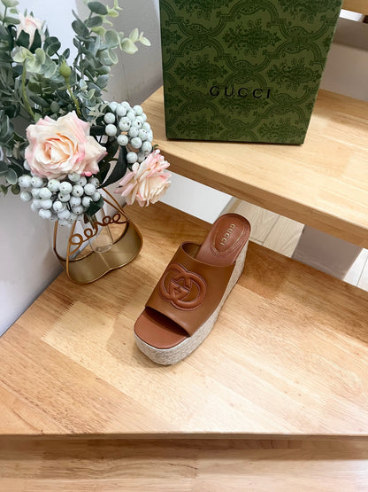 HIGH 10CM WEDGE SANDALS IN RUSSET BROWN SHEEPSKIN