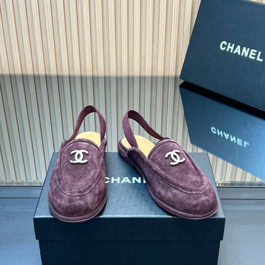 CHANEL 25S BACK STRAP MULE 15MM IN DARK PURPLE SUEDE SILVER HARDWRE