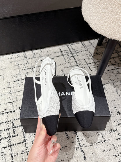 SLINGBACK 25S IN WHITE FABRIC AND BLACK CALFSKIN CANVAS