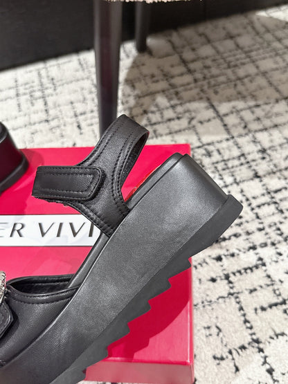 ROGER VIVIER 25S SLIDY VIV' WEDGE SANDALS 70 MM IN BLACK CALFSKIN EMBELLISHED CRYSTALS