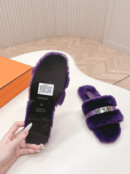 HM 25S ORAN SANDAL IN DARK PURPLE SHEARLING WITH SILVER HARDWARE