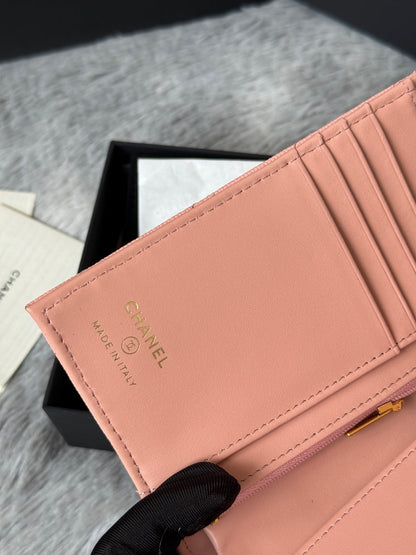 CHANEL 25S MULTI PURPOSE PASSPORT WALLET 15 IN PEACH PINK CALFSKIN GOLD HARDWARE