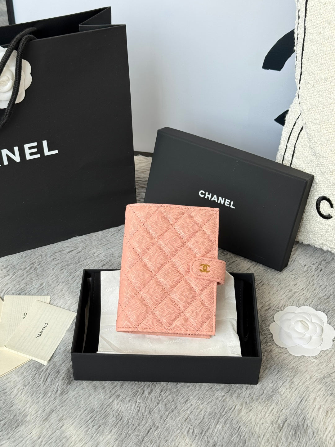 CHANEL 25S MULTI PURPOSE PASSPORT WALLET 15 IN PEACH PINK CALFSKIN GOLD HARDWARE