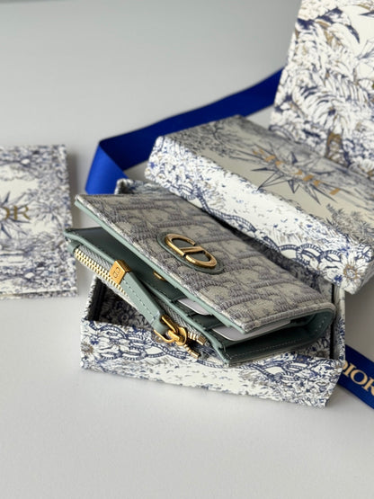 DIOR 25S 30 MONTAIGNE DAHLIA WALLET 11 IN GRAY DIOR OBLIQUE JACQUARD